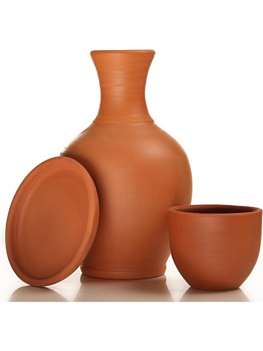 Terracotta Water Carafe Set with Mug & Platter - 76 oz Earthen Pottery Drinkware